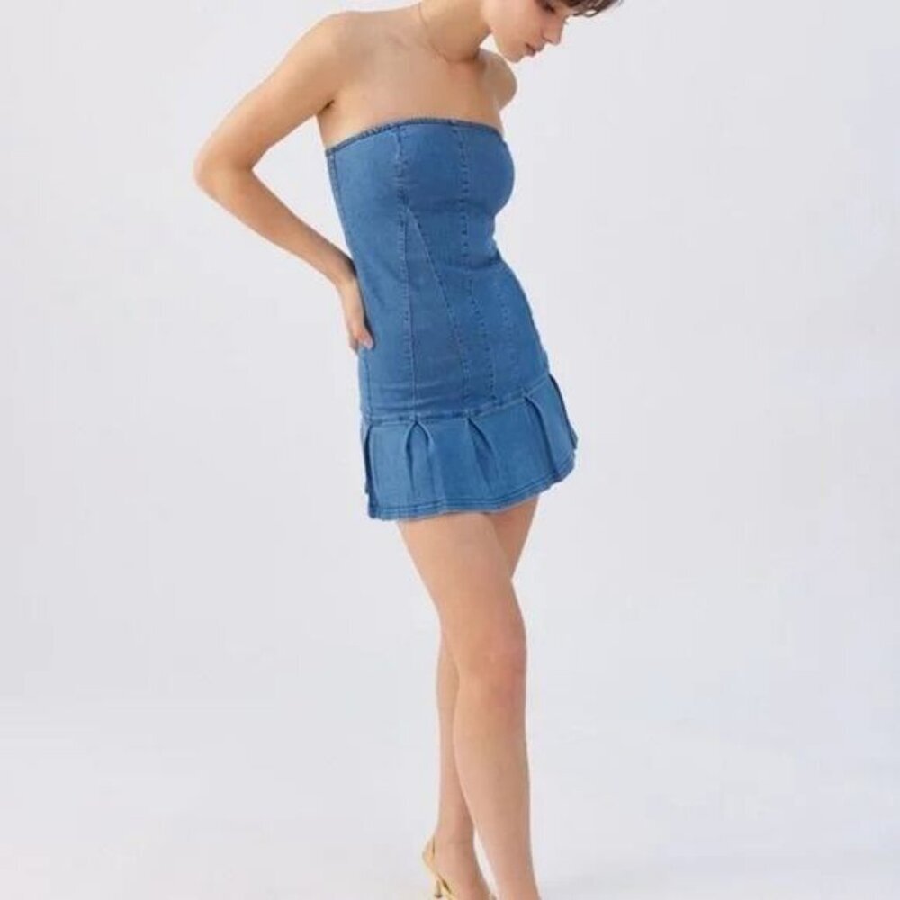 NWT URBAN OUTFITTERS Brandi Denim Strapless Mini Dress In Indigo Blue Size Small - Picture 2 of 7